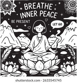 Black and white illustration of a person meditating outdoors with mountains, lotus flowers, and motivational words like 'Breathe' and 'Inner Peace'.