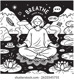 Black and white illustration of a person meditating outdoors with mountains, lotus flowers, and motivational words like 'Breathe' and 'Inner Peace'.