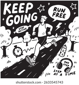 Black and white illustration of a person running on a path with motivational phrases like 'Keep Going,' 'Stay Active,' and 'One Step at a Time.' Includes trees, stars, and a stopwatch.