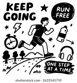 Black and white illustration of a person running on a path with motivational phrases like 'Keep Going,' 'Stay Active,' and 'One Step at a Time.' Includes trees, stars, and a stopwatch.