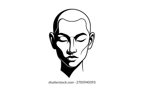 Una ilustración en blanco y negro de la cabeza de una persona con los ojos cerrados, con una fuerte iluminación de claroscuro y líneas nítidas.