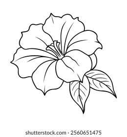 Black and white illustration of a petunia flower with detailed petals and leaves