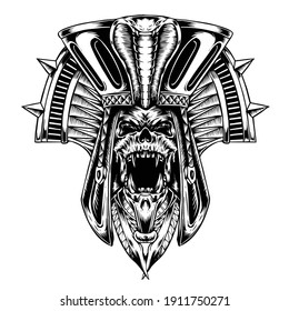 black white illustration of pharaoh skull