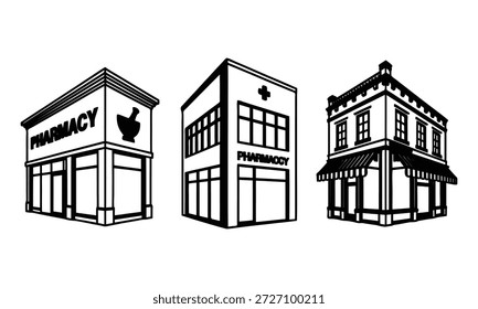 Schwarz-Weiß-Illustration von Apothekenläden und Gebäudefassaden