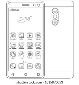 Black and white illustration of a phone or smartphone. The front and the back. Everyday apps appear on the screen. Rear dual camera and flash.