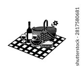 A black and white illustration of a picnic scene, featuring a basket, wine bottle, glasses, watermelon, and a sandwich on a checkered blanket.