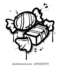 A black and white illustration of a piece of candy, created using spray paint and rendered in a stylized and whimsical manner.