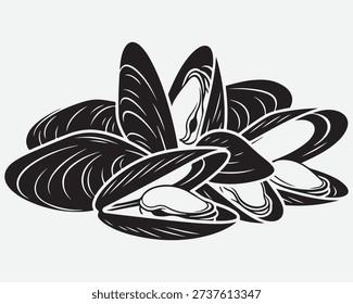 Black and white illustration of a pile of open mussels with visible meat inside shellfish seafood