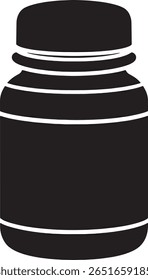 A black and white illustration of a pill bottle with a screw-on cap. The bottle has a label area.