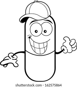 Black and white illustration of a pill capsule giving thumbs up and wearing a baseball cap.