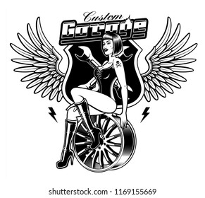 Black and white illustration of pin up girl on the car disk.