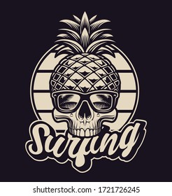 Black and white illustration with pineapple skull in vintage style. This design is perfect for logos, shirt prints and many other uses as well.