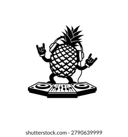 Black and white illustration of a pineapple wearing headphones and operating turntables with a rock on gesture