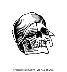 black and white illustration of a pirate skull head