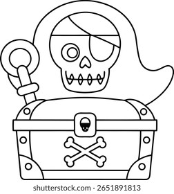 Uma ilustração em preto e branco de um crânio pirata vestindo um tapa-olho e sentado em cima de um baú de tesouro adornado com ossos cruzados.