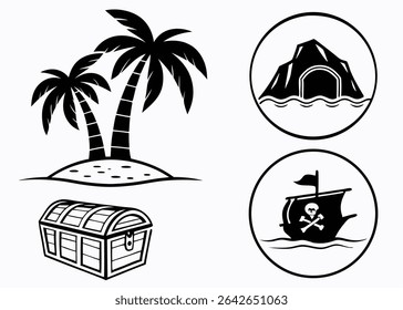 Black and white illustration of pirate symbols including palm trees and treasure chest with a skull flag.