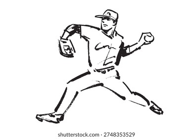 Black and white illustration of a pitcher throwing a powerful ball