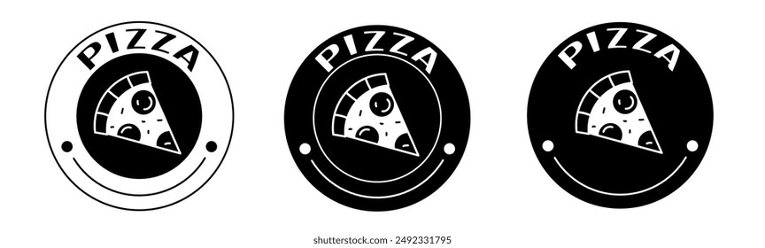 Black and white illustration of pizza icon in flat. Stock vector.