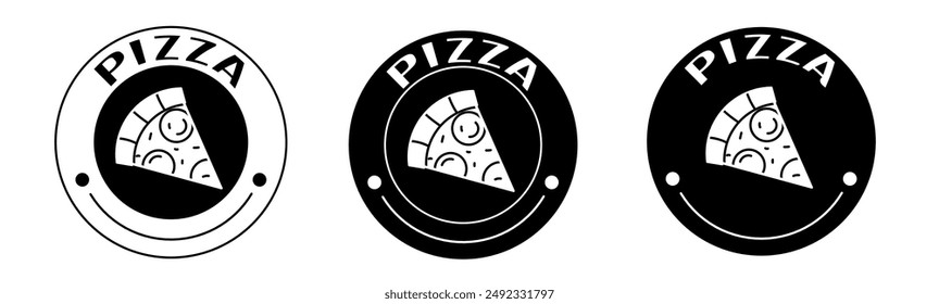 Black and white illustration of pizza icon in flat. Stock vector.