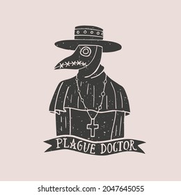 Black and white illustration with the plague doctor. Day of the Dead. Halloween. Drawing for souvenirs and tattoo