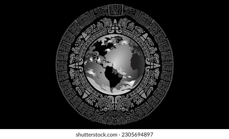 Ilustración en blanco y negro del planeta tierra enmarcada por signos y símbolos de los antiguos pueblos mayas sobre un fondo negro.  Esbozos de los continentes de América
