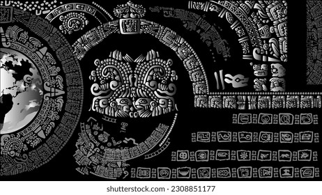 Black and white illustration of the planet earth framed by signs and symbols of the ancient Mayan peoples on a black background.  Outlines of the continents of America
