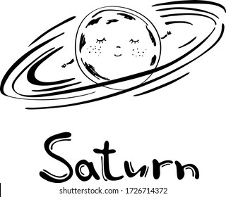 Black and white illustration of the planet Saturn, with a face, with eyes and hands, in a children's style.