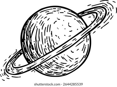 Ilustração em preto e branco do planeta Saturno com anéis em estilo vetorial mínimo, ideal para astronomia, design espacial e gráficos científicos.