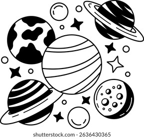 black and white illustration of the planets in the solar system