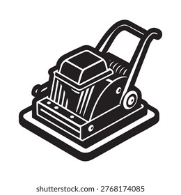 Black and white illustration of a plate compactor machine with handle for construction and paving isolated on transparent background construction equipment