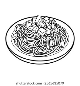 Black and White Illustration of a Plate of Pasta with Cubes of Food