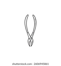 Black and white illustration of pliers with curved handles and cutting edge in black isolated on white background. Secateur, averruncator Hand drawn vector sketch illustration in vintage line art