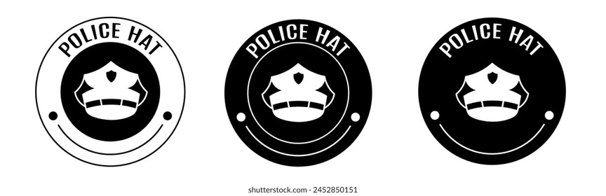 Black and white illustration of police hat icon in flat. Stock vector.