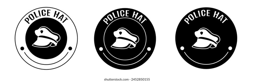 Black and white illustration of police hat icon in flat. Stock vector.