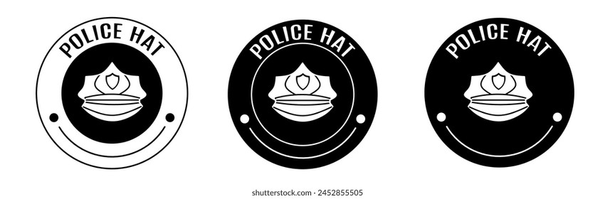 Black and white illustration of police hat icon in flat. Stock vector.