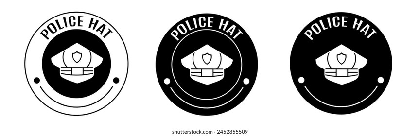 Black and white illustration of police hat icon in flat. Stock vector.