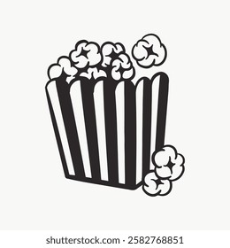 Black and white illustration of a popcorn box with popcorn spilling out. box with stripes. Simple design. Popcorn art in monochrome. Funky vector illustration.