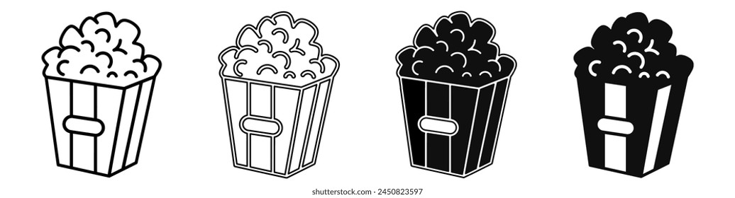 Black and white illustration of a popcorn. Popcorn icon collection with line. Stock vector illustration.