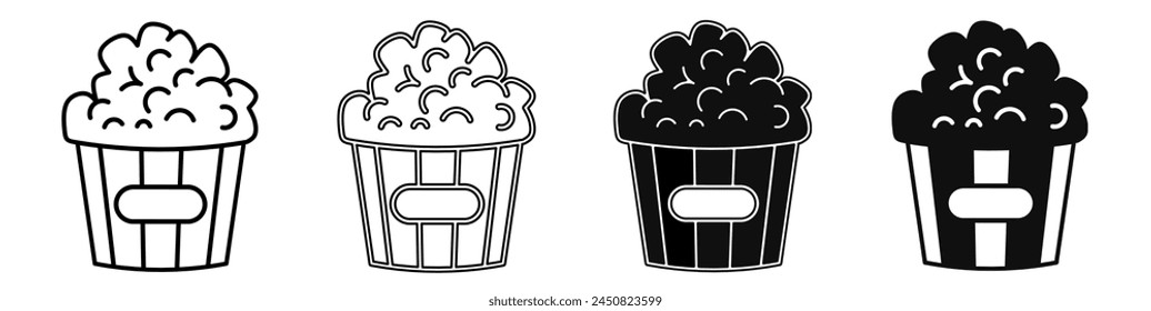 Black and white illustration of a popcorn. Popcorn icon collection with line. Stock vector illustration.