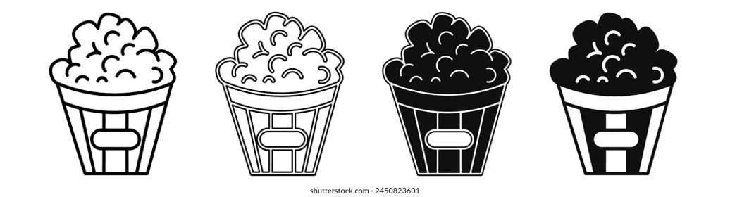 Black and white illustration of a popcorn. Popcorn icon collection with line. Stock vector illustration.