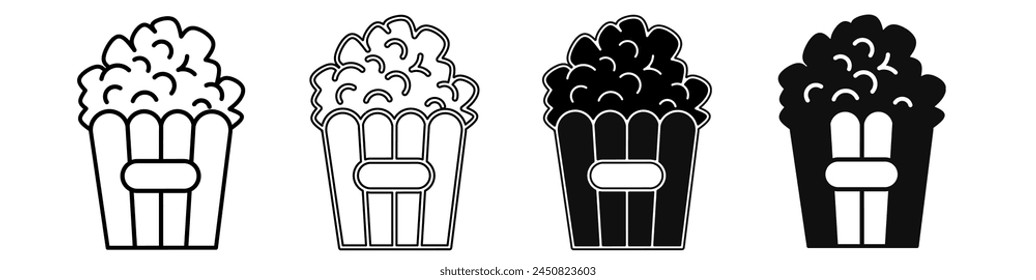 Black and white illustration of a popcorn. Popcorn icon collection with line. Stock vector illustration.