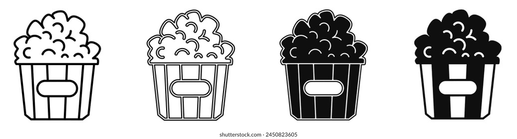 Black and white illustration of a popcorn. Popcorn icon collection with line. Stock vector illustration.