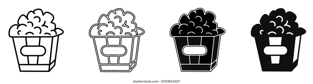 Black and white illustration of a popcorn. Popcorn icon collection with line. Stock vector illustration.