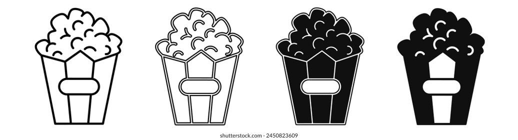 Black and white illustration of a popcorn. Popcorn icon collection with line. Stock vector illustration.