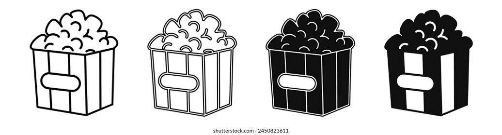 Black and white illustration of a popcorn. Popcorn icon collection with line. Stock vector illustration.