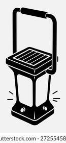 Ilustração em preto e branco de uma lanterna portátil com uma alça, emitindo luz da parte inferior