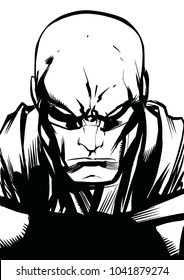 Black and white illustration of the portrait of a powerful superhero looking at camera with a tough facial expression against white background for copy space.
