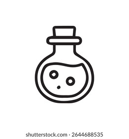 Black and white illustration of a potion bottle filled with liquid and floating bubbles, perfect for fantasy science or mystery themes.