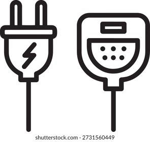 Black and white illustration of a power plug and socket icon on a white background.