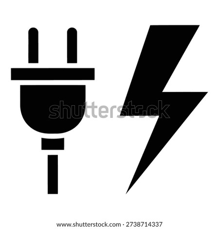 A black and white illustration of a power plug and a lightning bolt isolated on white background, Vector